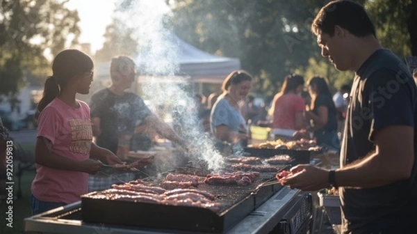 Fototapeta A bustling community barbecue event with people grilling meat, chatting, and enjoying the food, children playing nearby, and an overall atmosphere of summer fun and togetherness