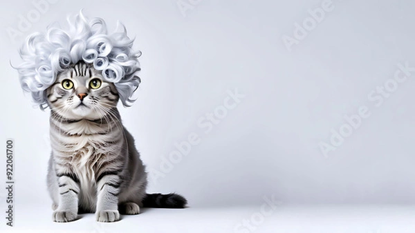 Fototapeta Cat  wearing a wig on its head ,a  colorful wig,Close-up portrait of cat,  
