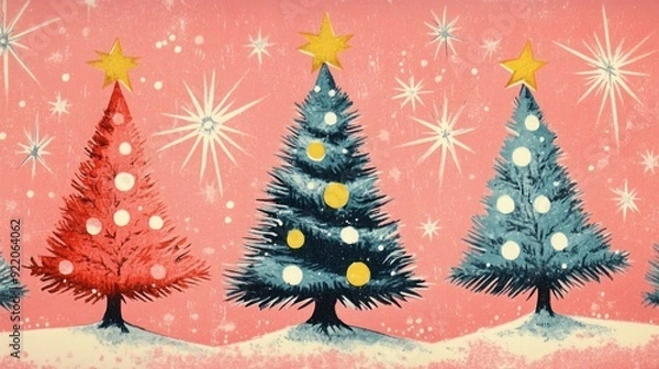 Obraz 1950s Vintage Christmas Tree Pattern on Pink Background