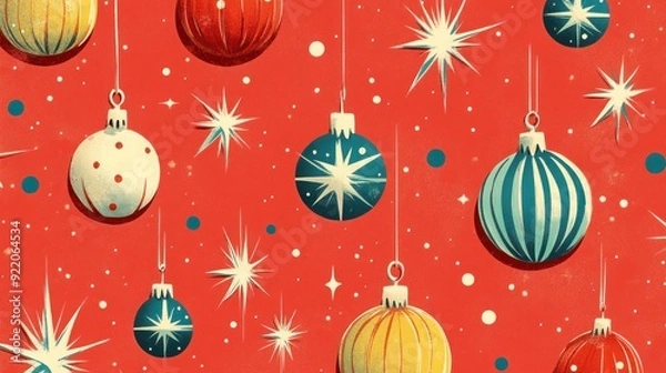 Obraz 1950s Vintage Christmas Ornaments and Baubles on Red Background