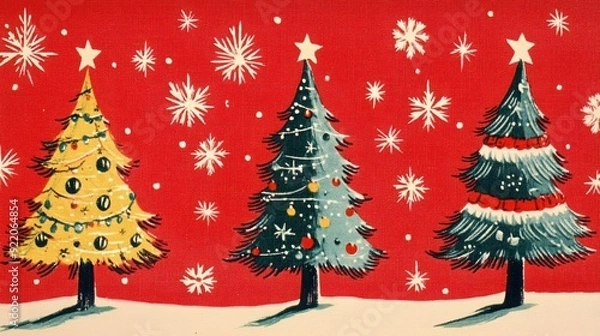 Obraz Retro 1950s Christmas Tree Pattern on Red Background