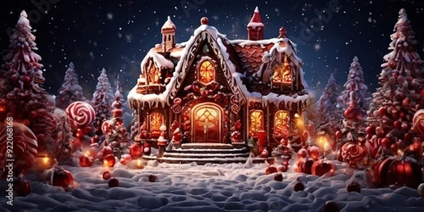 Fototapeta A house with a candy cane on the roof and a candy cane on the front door