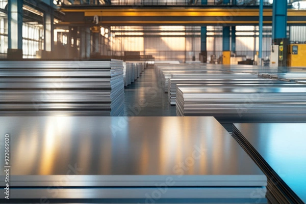 Fototapeta An industrial warehouse or production hall where stainless steel sheets are mainly stored and processed.