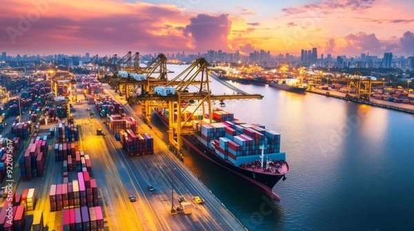Fototapeta International Trade Port at Sunset: Container Ship and Crane Operations