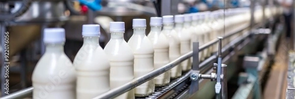 Fototapeta A row of milk bottles moves along a conveyor belt in a dairy factory, representing the production, packaging, and distribution of dairy products.
