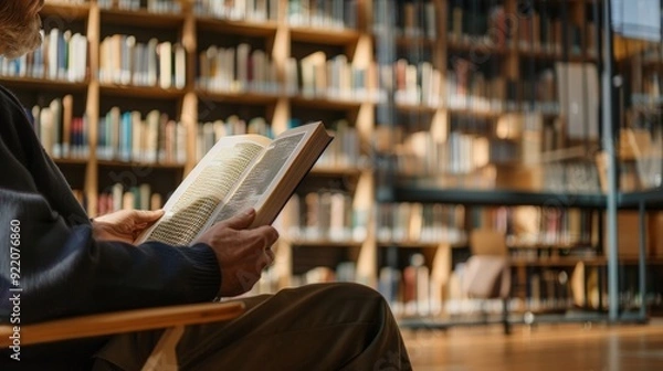 Fototapeta A senior man sits in a chair in a library, reading a book.  He is surrounded by bookshelves filled with books. The man's hand is on the page of the book