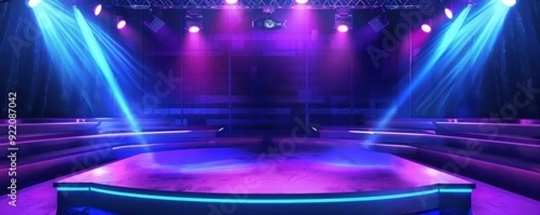 Fototapeta Vibrant game show stage with colorful lights and empty contestant seats. Free copy space for text.