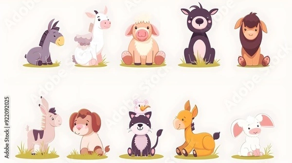 Fototapeta Cute farm animals in a sitting position vector illustration. Set of cute barn animals including a horse, cow, donkey, goat, sheep, pig, llama, cat, dog, chick, and rabbit.