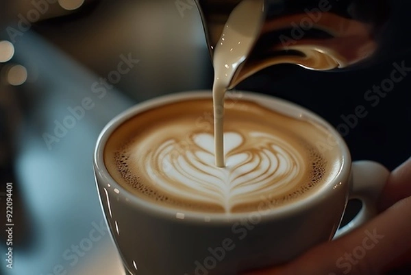 Fototapeta "A barista pouring milk into a cup of coffee to create latte art, captured in mid-pour with slow-motion effect