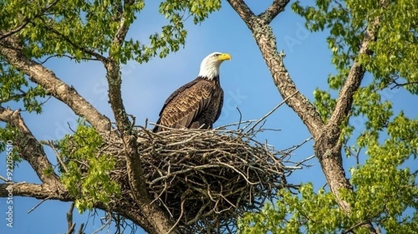 Fototapeta Bald Eagle Perched in a Nest High in a Tree