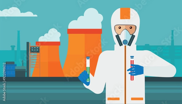Fototapeta Young caucasian laboratory assistant in protective chemical suit holding a test-tube with black liquid on the background of nuclear power plant. Vector flat design illustration. Square layout.