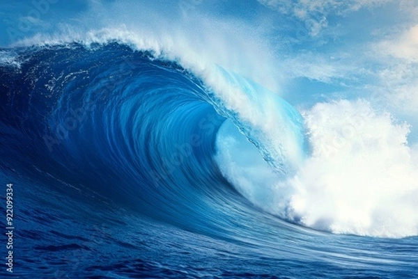 Fototapeta Massive Wave Breaking Over Camera, Powerful Scene with Water Splashing, Bright Blue and White Foam, Sunlit Crest