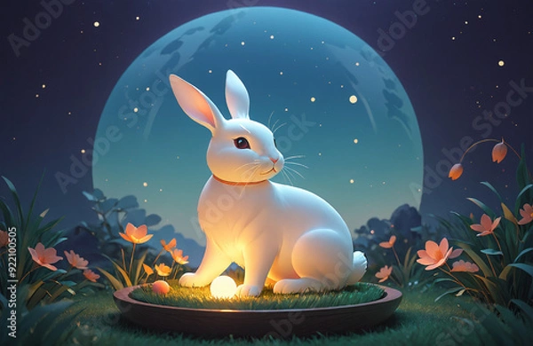 Fototapeta 3d render of bunny under moon at night mid-autumn festival