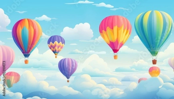 Fototapeta Rainbowcolored hot air balloons flat design, top view, festival scene, cartoon drawing, Triadic Color Scheme