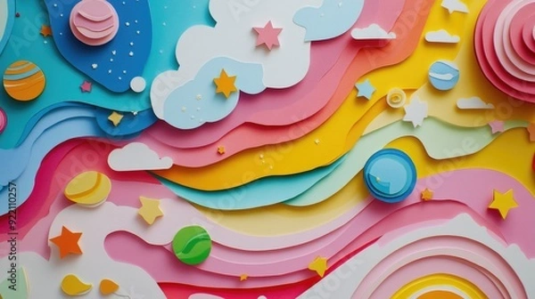 Fototapeta Papercut Stars, Planets, and Fantastical Space Adventures: Abstract Simple Minimal Joyful and Colorful 2D Layered Layout