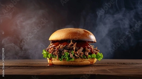 Fototapeta Juicy pulled pork burger with fresh lettuce and smoky BBQ sauce on a rustic wooden table.