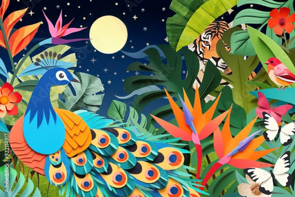 Fototapeta Exotic peacock bird in jungle, creative paper craft collage