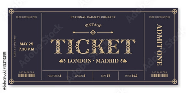 Obraz Universal vintage ticket template with golden text on a dark background. For excursion routes, retro parties, clubs and other projects. Just add your own text. Vector, can be used for printing.