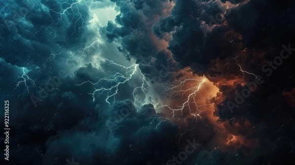 Fototapeta A dramatic lightning storm background with dark clouds and bright flashes of light, capturing power and intensity