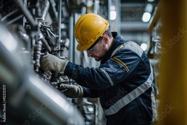 Obraz Industrial Worker Performing Maintenance on Complex Machinery in a Manufacturing Facility