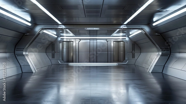 Fototapeta Futuristic Spaceship Corridor: An expansive, sleek, and futuristic spaceship corridor with metallic walls and gleaming floors.