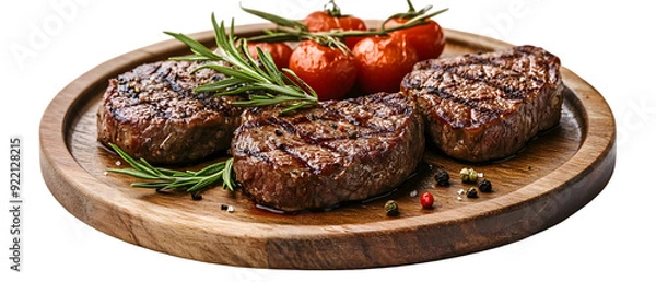Obraz Set of beef steak on a wooden plate, isolated on a white background
