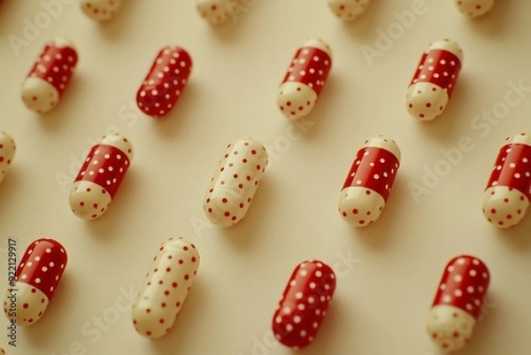 Fototapeta A nostalgic and whimsical arrangement of red and white polka dotted capsules set against a warm vintage inspired background representing the intersection of old fashioned charm and modern medicine
