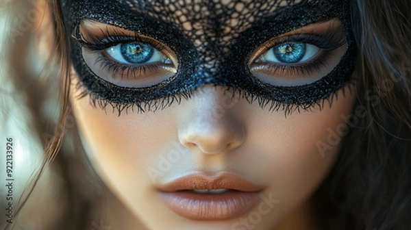 Fototapeta closeup of a pretty woman with seductive block and a laze eye mask