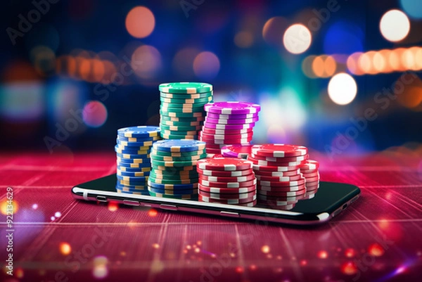Obraz Online casino banner. Smartphone with playing chips on table on blurred neon background with bokeh