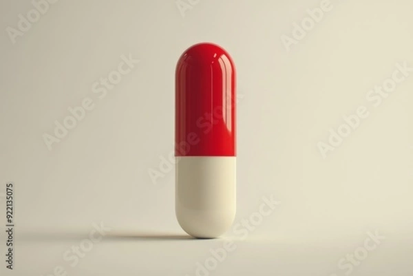 Fototapeta A minimalist and clean image of a single red and white capsule set against a neutral background symbolizing the simplicity clarity and focus of modern pharmaceutical design in healthcare