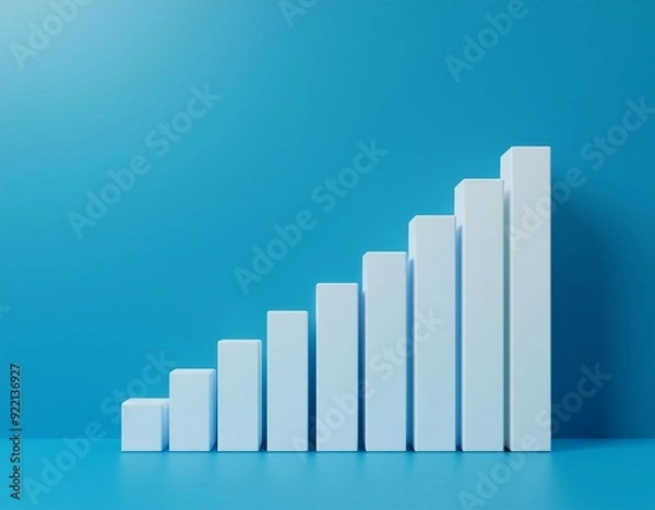 Fototapeta White rising bar chart on blue background with copy space. Business economic and money investment concept. Goal and success theme. 3D illustration rendering graphic design.