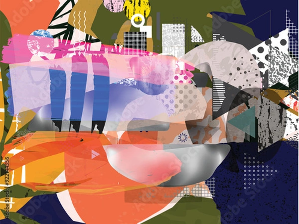 Fototapeta Different textures and shapes artistic vector illustration collage. Geometric abstract design, creative background for banner, brochure, card, invitation, flyer, placard, poster, report, artwork	