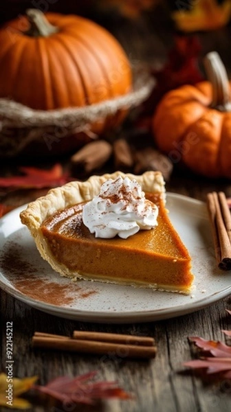 Fototapeta A freshly baked pumpkin pie slice, garnished with whipped cream and spices, sits on a rustic plate alongside festive autumn decorations