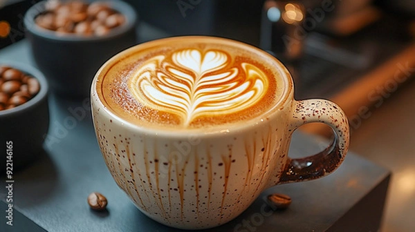 Fototapeta Elegant Latte Art Creation Celebrating International Coffee Day – Beautifully Crafted Coffee Cup with Artistic Foam Designs – Rich Texture and Pattern Highlight
