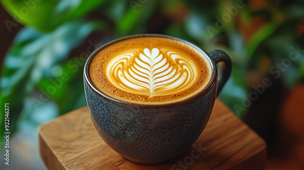 Fototapeta Elegant Latte Art for International Coffee Day - Beautifully Crafted Coffee Cup with Artistic Foam Designs, Rich Texture and Pattern in Real Photography