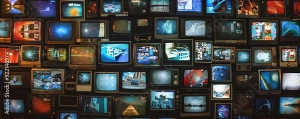 Fototapeta Wall of vintage TVs displaying various static and city scenes, retro style.