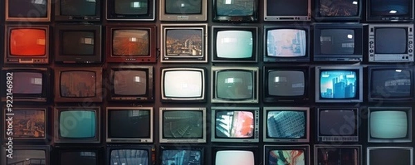 Fototapeta Wall of vintage TVs displaying various static and city scenes, retro style.