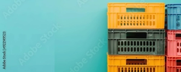 Fototapeta Colorful plastic crates stacked against a bright turquoise background for storage and organization. Ideal for modern aesthetic.