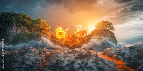 Fototapeta The four elements of nature in a breathtaking creative design. All four elements forming a circular shape. Earth, wind, fire, air, water