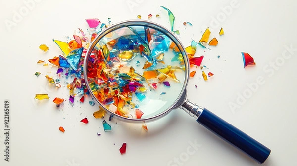 Obraz  image of a magnifying glass exploding and scattering multicolored glass shards