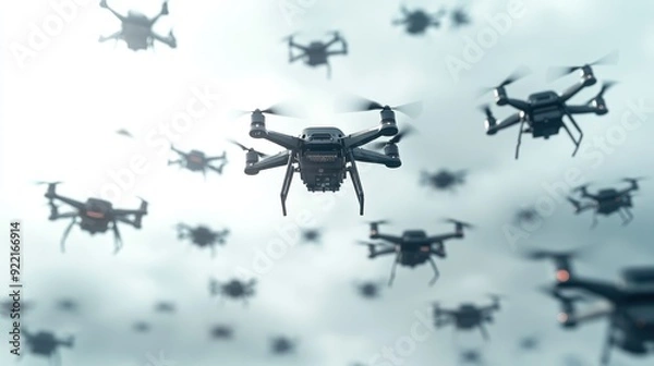 Fototapeta Futuristic AI Drone Swarm Shielding Critical Infrastructure - Concept of Defense and Security Technology, Generative Ai