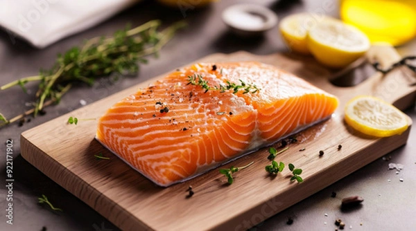Obraz Fresh salmon fillet with lemon on a wooden board