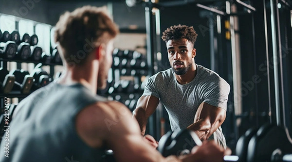 Obraz selective focus of handsome african american man exercising with trainer in gym