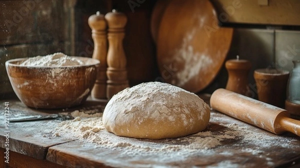 Obraz Bread dough and rolling pin on a wooden table in the kitchen