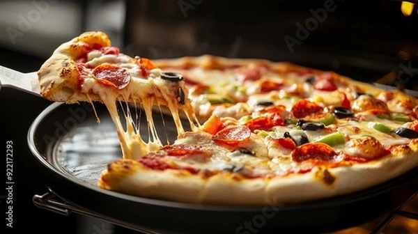 Obraz a pizza with pepperoni and olives is being cooked on a grill.