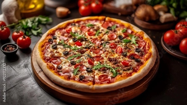 Obraz Pizza with mozzarella cheese, tomatoes , pepperoni and aragula 