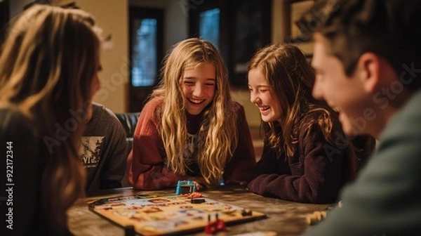 Obraz Group of kids playing board game at home. Children having fun together.