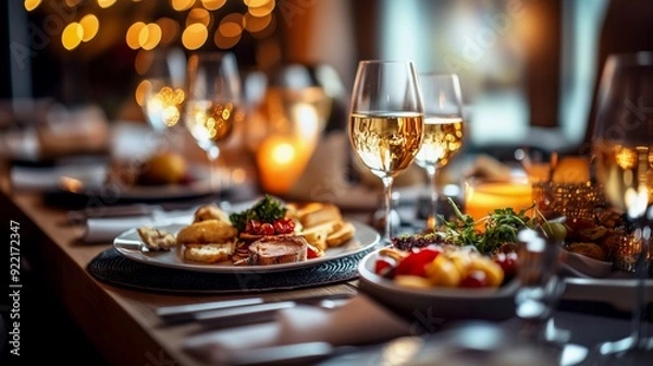 Obraz Restaurant table with glasses of white wine and appetizers.