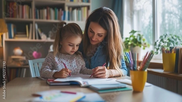 Obraz girl studying in classroom, Mother helping her daughter with homework at home.