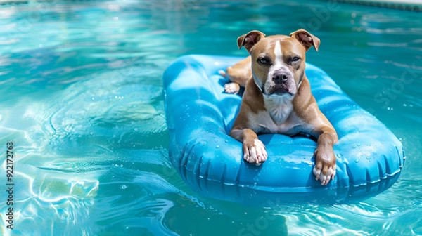 Fototapeta A white  dog relaxes and floats on a pool float in the family swimming pool ,dog swimming in an inflatable pool,dog laying on a float in a pool looking relaxed happy goofy funny cute hot
